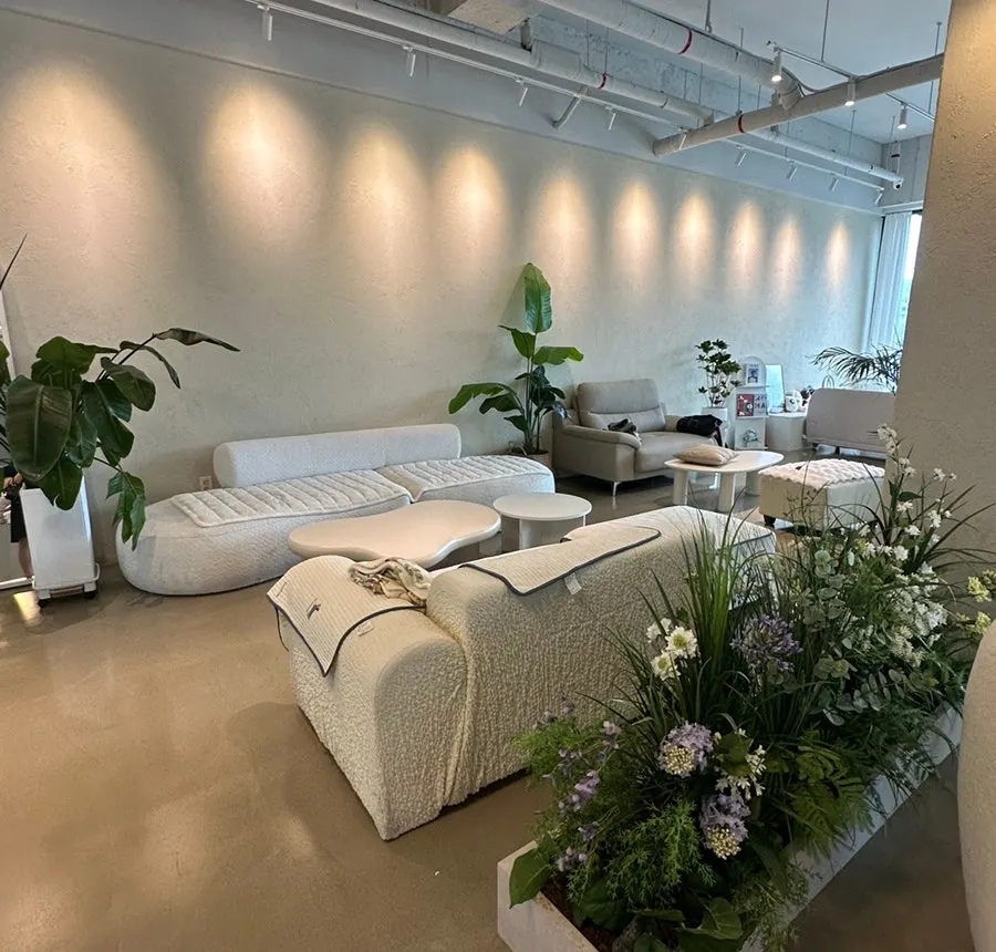 Café seating under soft, calm lighting