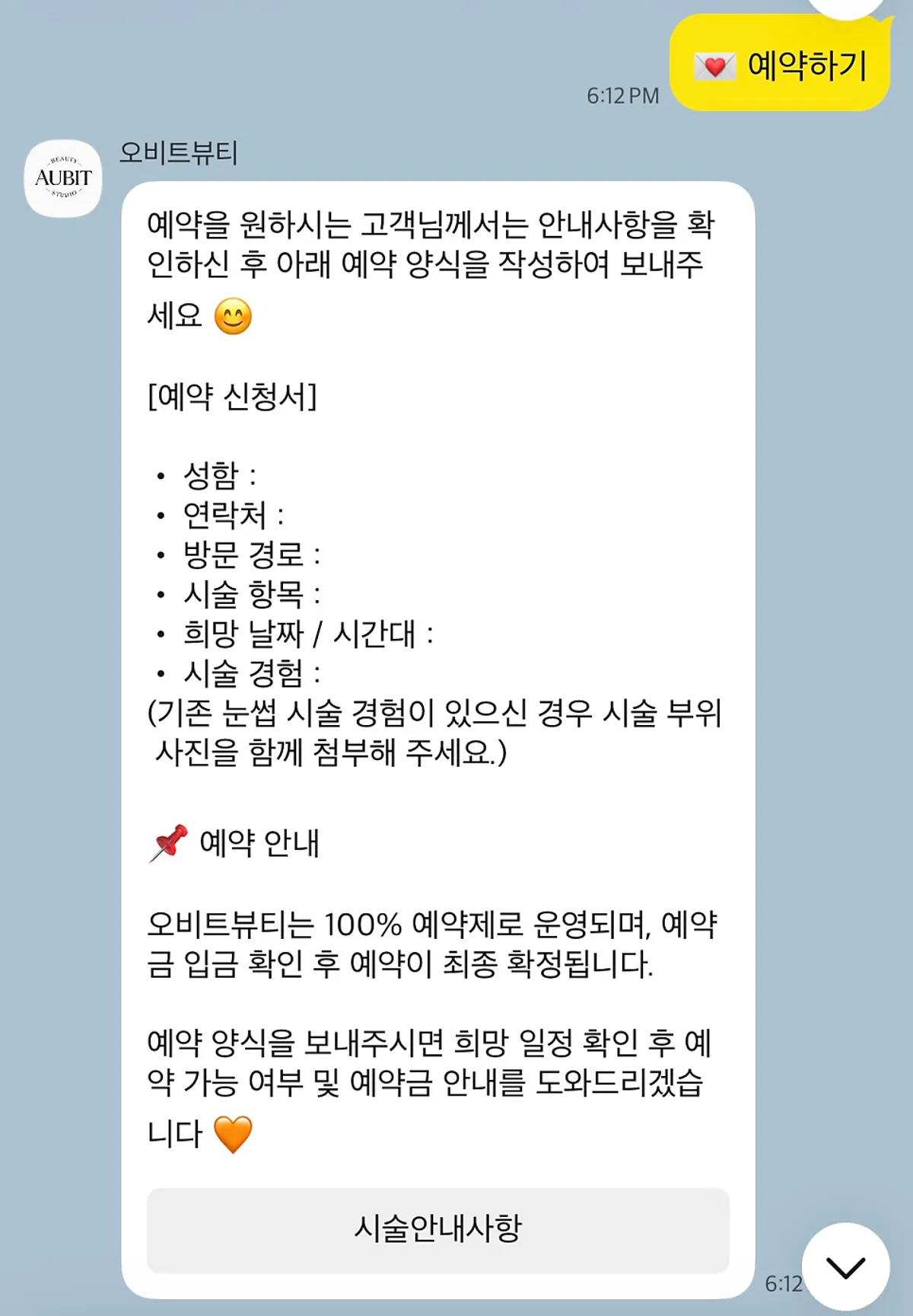 오비트뷰티 카카오톡 예약 상담 화면