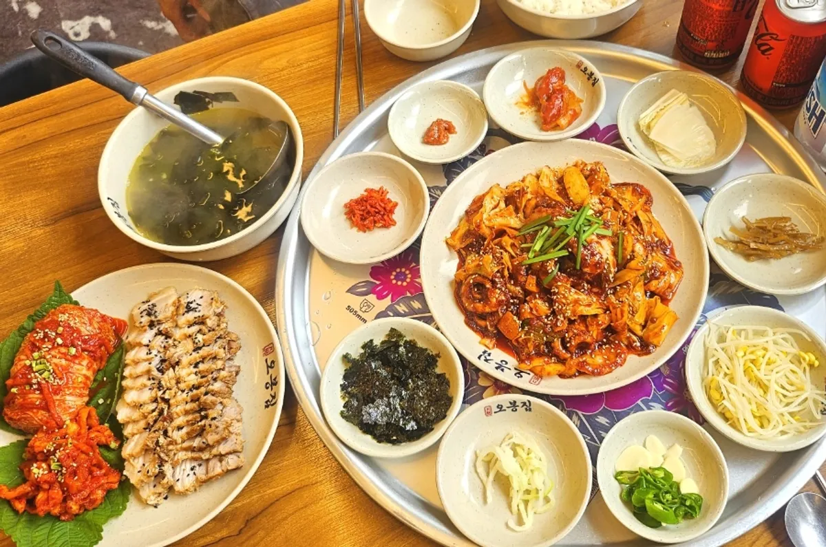 A smoky platter of Obongjip's fire-grilled octopus stir-fry