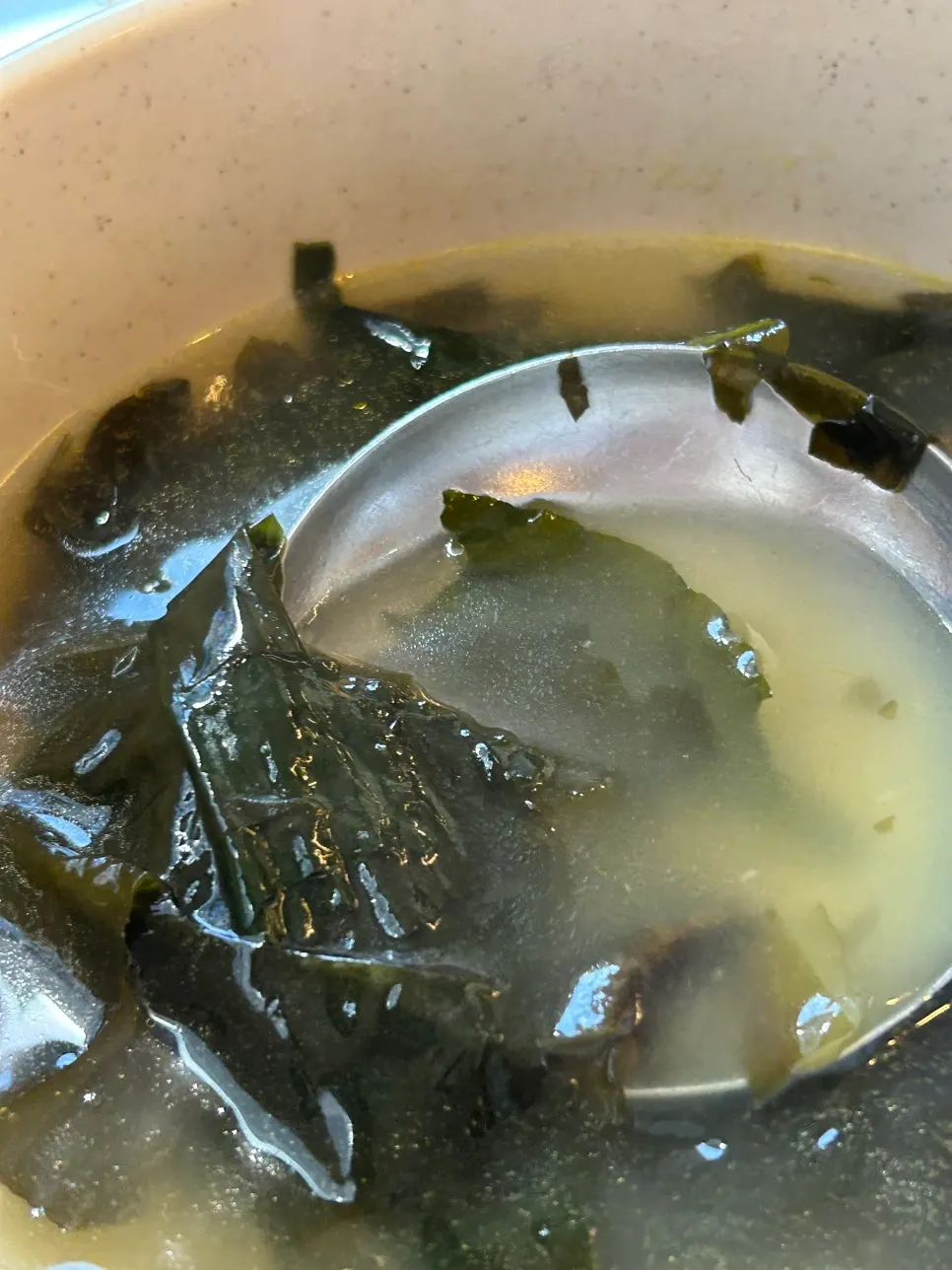 A bowl of seaweed soup simmered with dried shrimp