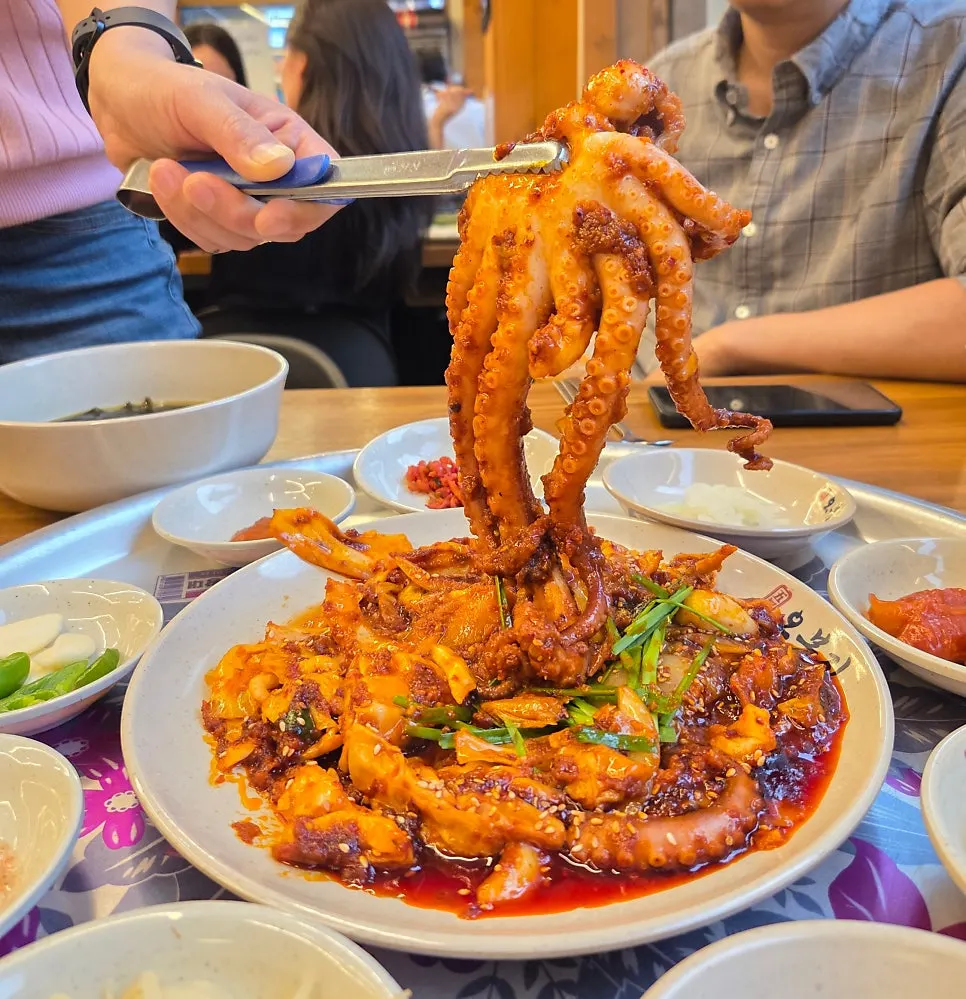 Close-up of the sauce coating the pan-fired octopus stir-fry