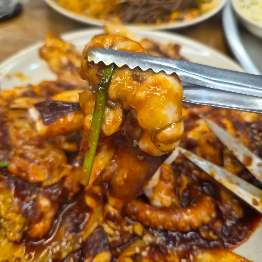 Grilled octopus stir-fry ordered at regular spice level