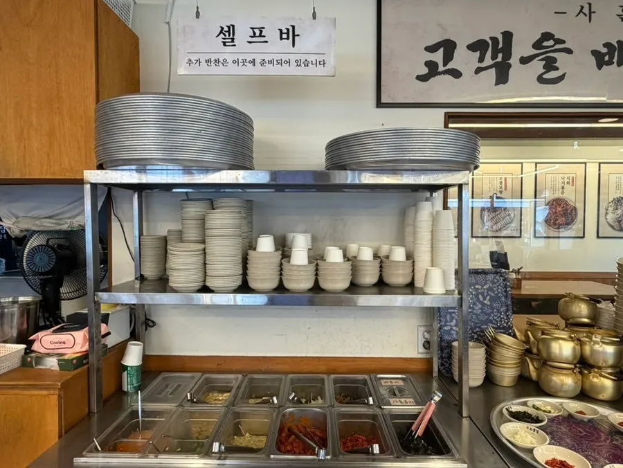 Seaweed soup and 9 banchan on a round tray