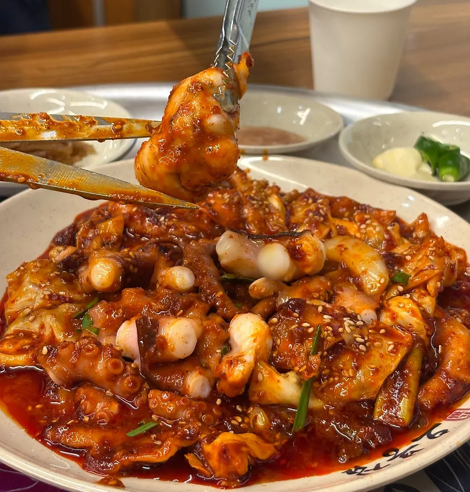 Close-up of the grilled octopus stir-fry