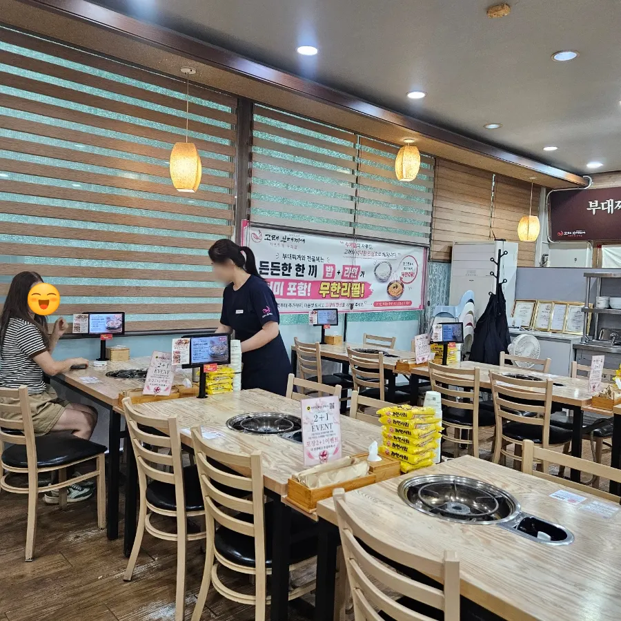 Spacious dining hall with tables