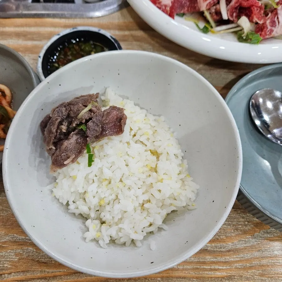 Beef bulgogi dipped in sauce with a bowl of rice