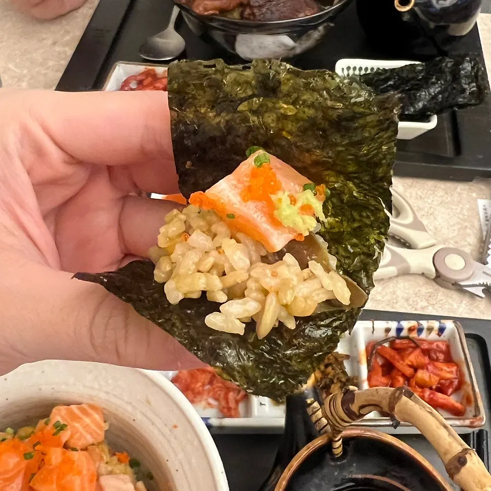 Salmon ochazuke wrapped in seaweed with wasabi