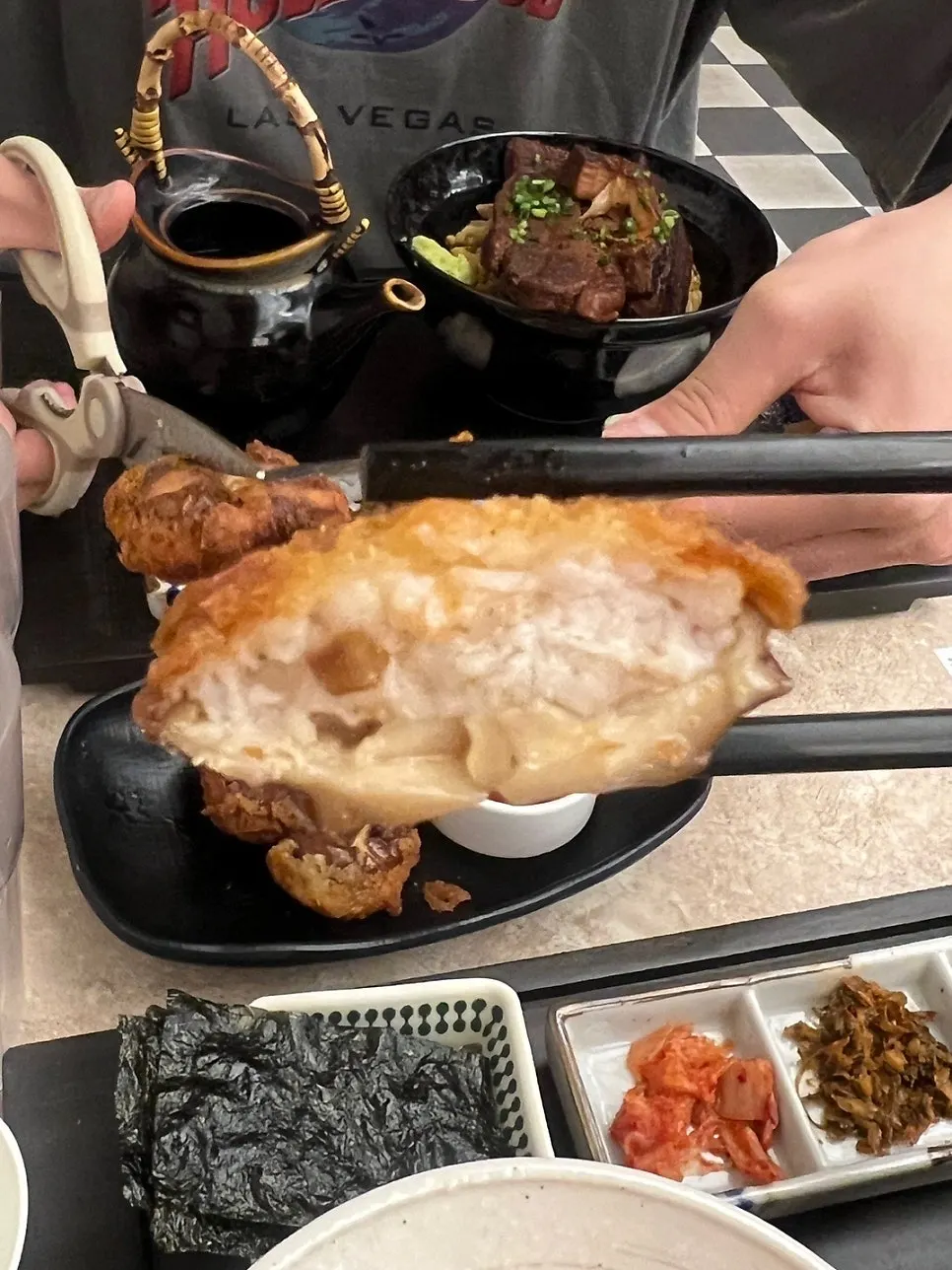 Cross-section of fried shiitake cut in half with scissors
