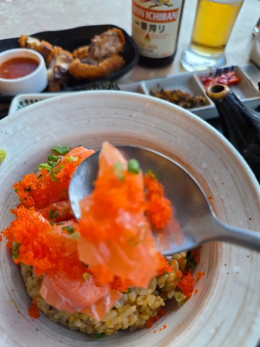 Sake chazuke topped with salmon and flying fish roe