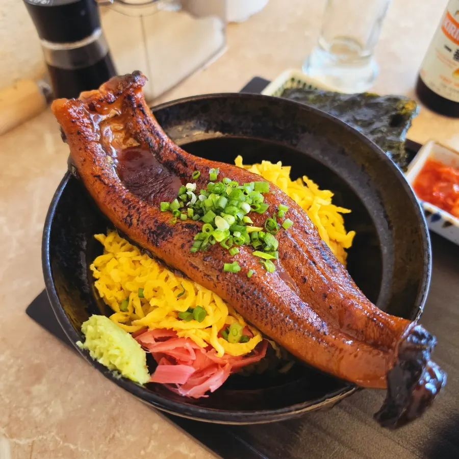 Eel laid long over seasoned nutty rice