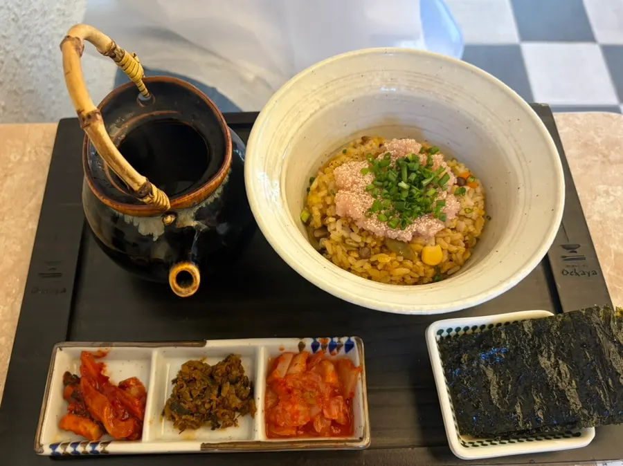 Full spread of Ochaya's cod roe ochazuke with side dishes