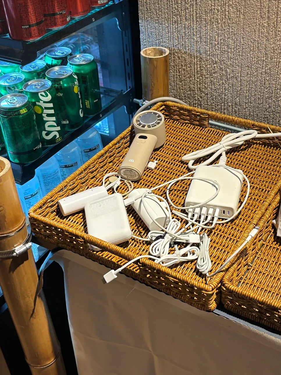 A phone charger set up at the self-service bar