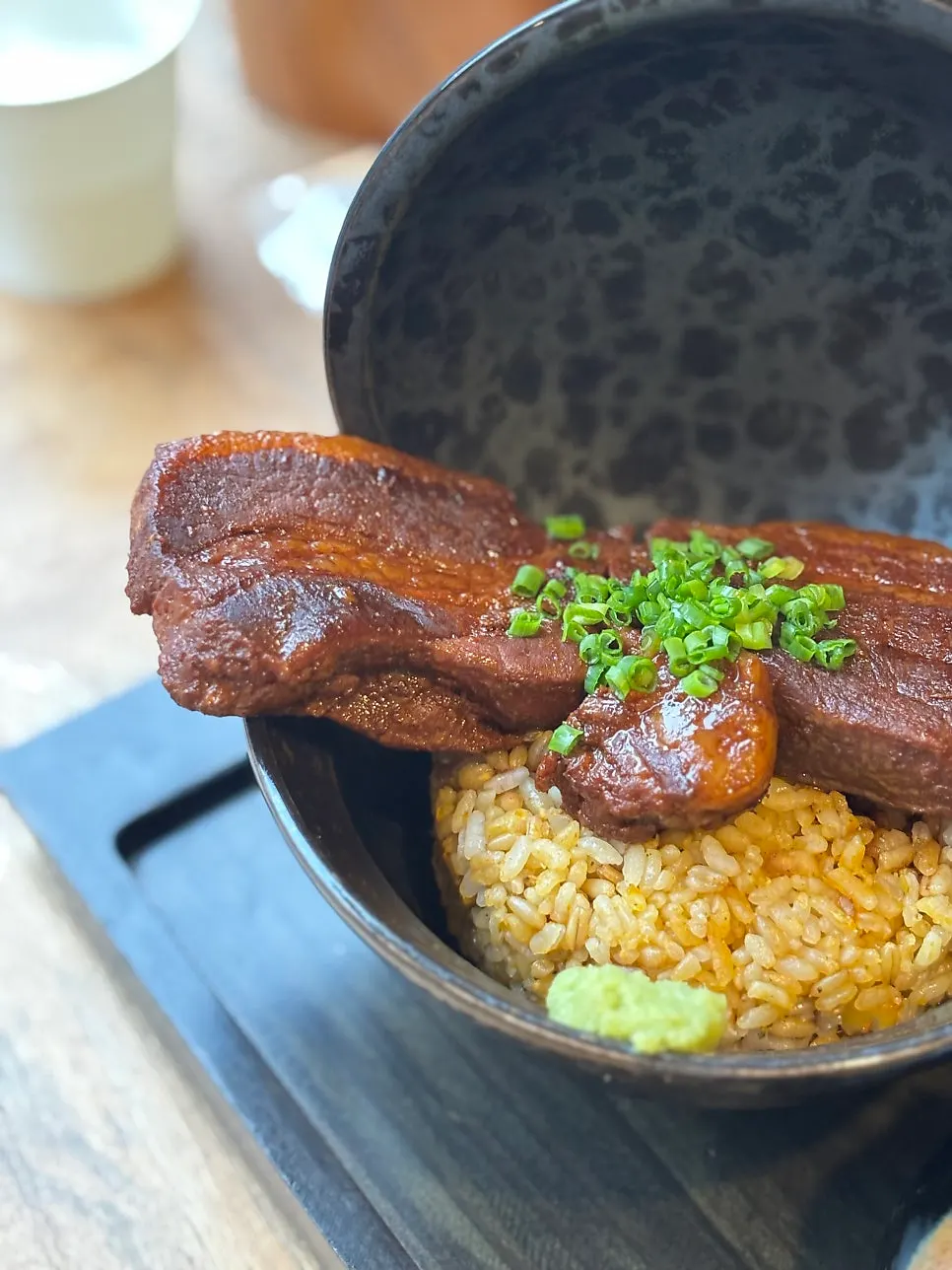 Butanokakuni ochazuke topped with big chunks of pork belly