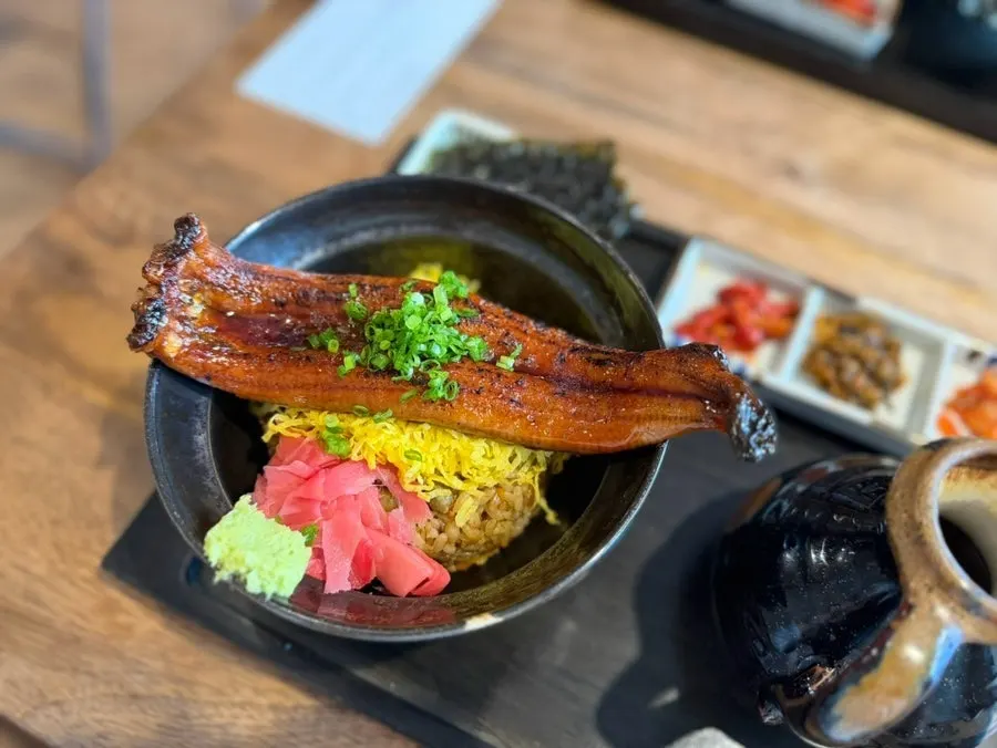Unagi chazuke served over nutrient rice with egg strips