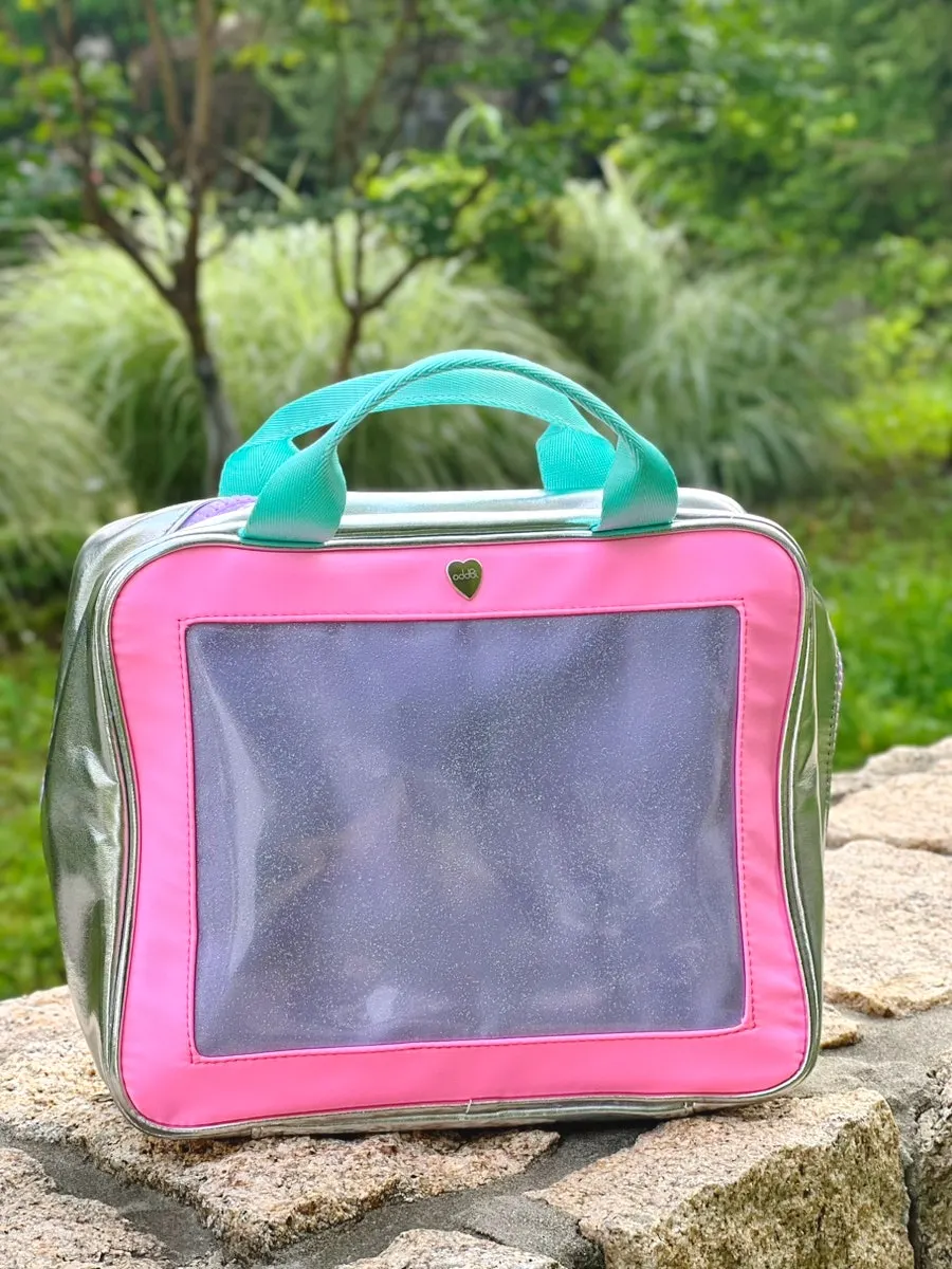 Design in hot pink, mint, and light purple