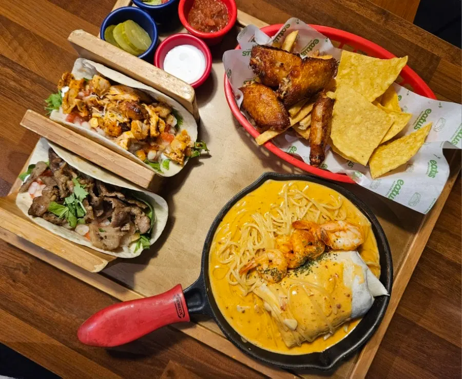 Combo platter served all together on a square tray