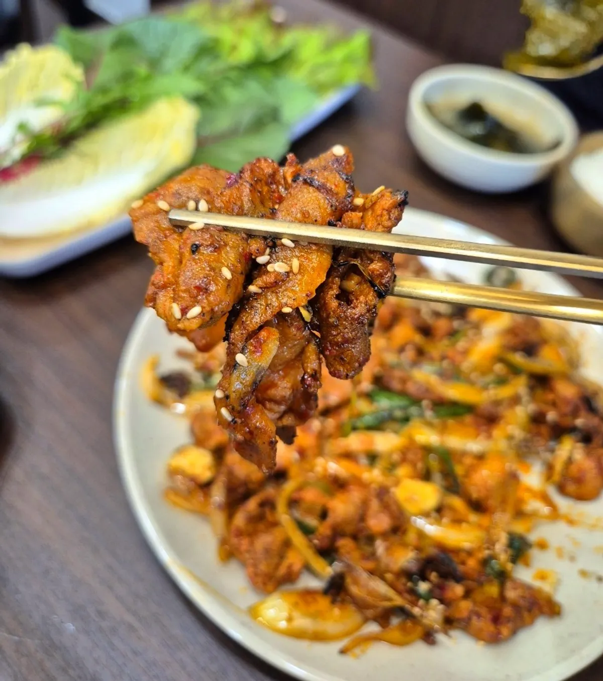 Close-up of the smoky gochujang pork straw-fire BBQ