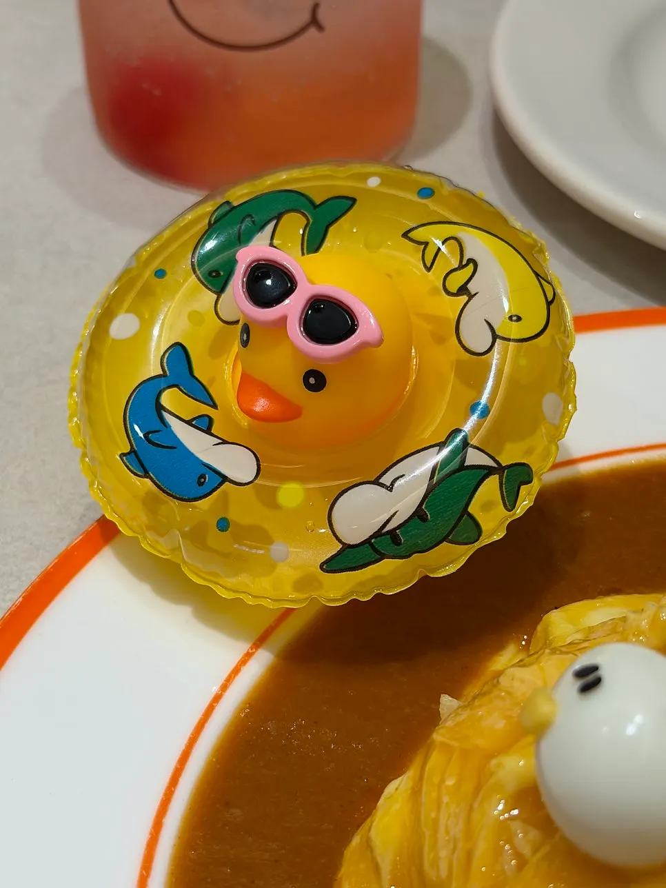 Close-up photo of the rubber duck omurice