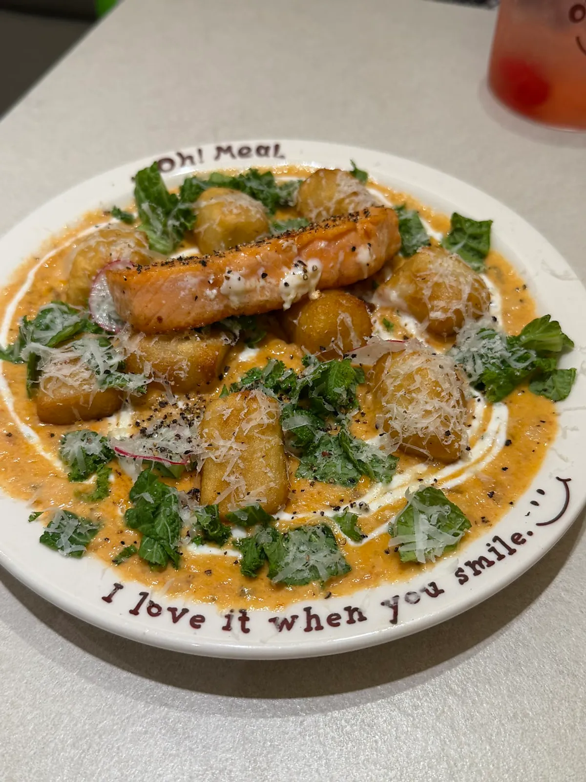Salmon steak gnocchi in a rosé sauce base