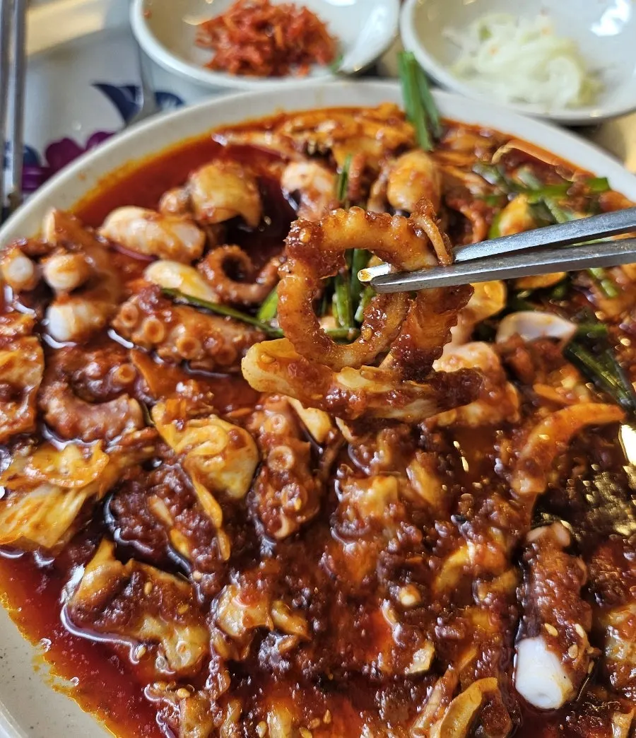 Plate of octopus stir-fry ordered milder than the default spice level
