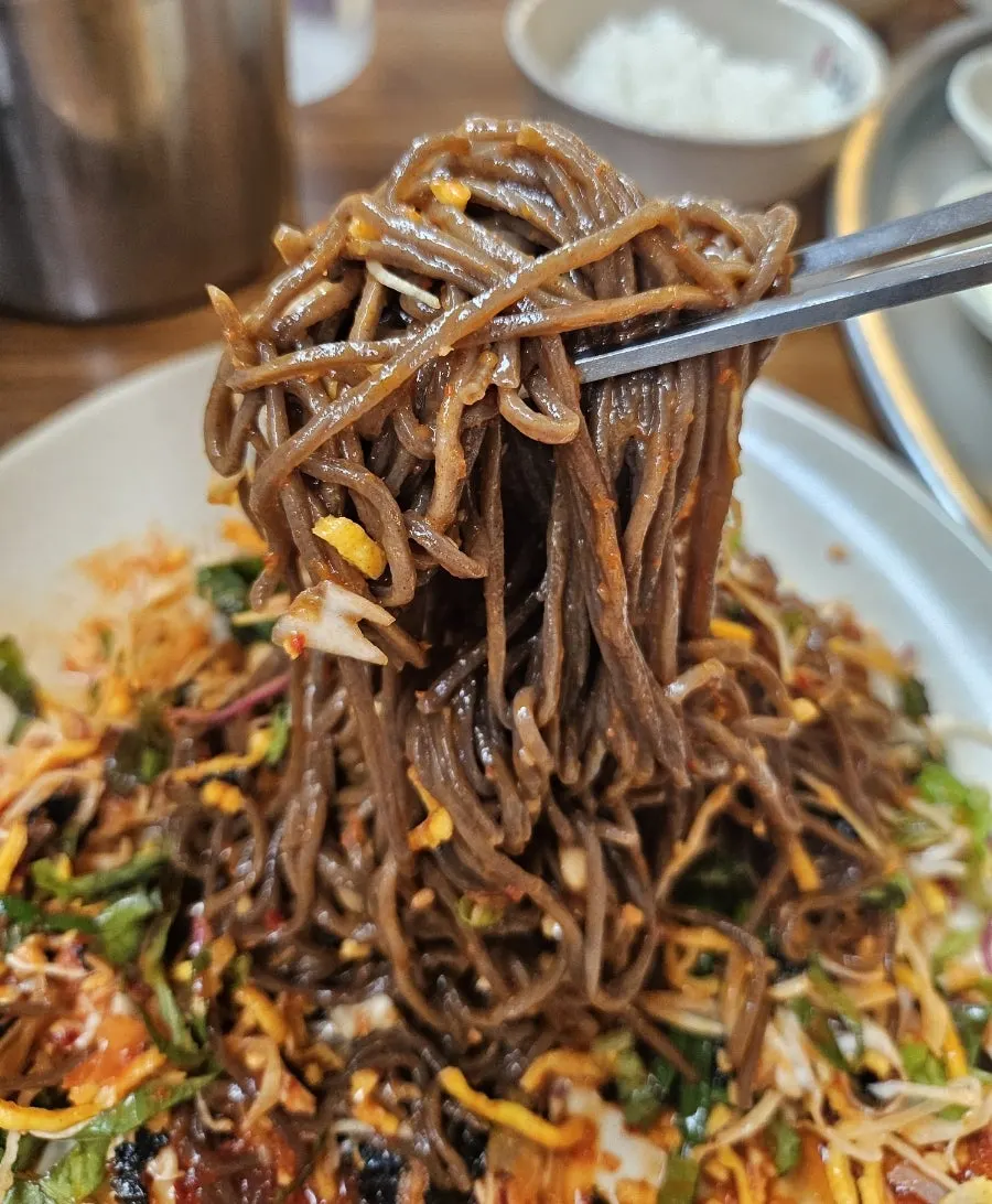 A chopstick-full of jaengban makguksu topped with vegetables