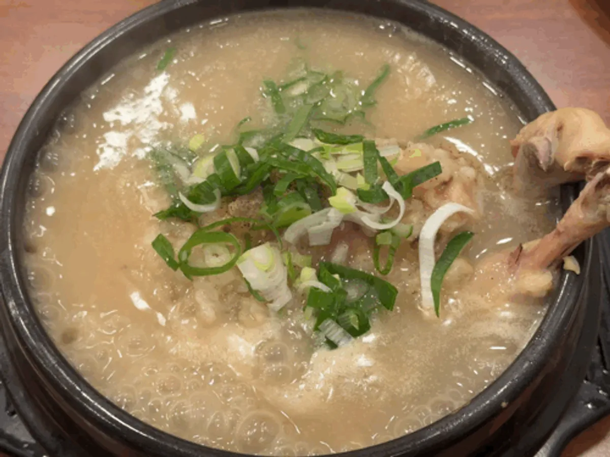 A bowl of herbal mung bean samgyetang with thick broth