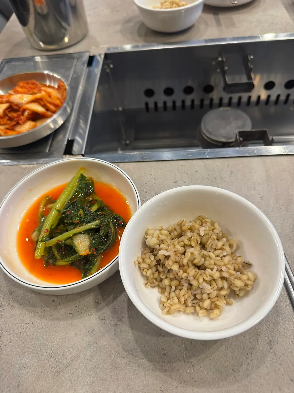 Taster portion of barley rice and yeolmu kimchi