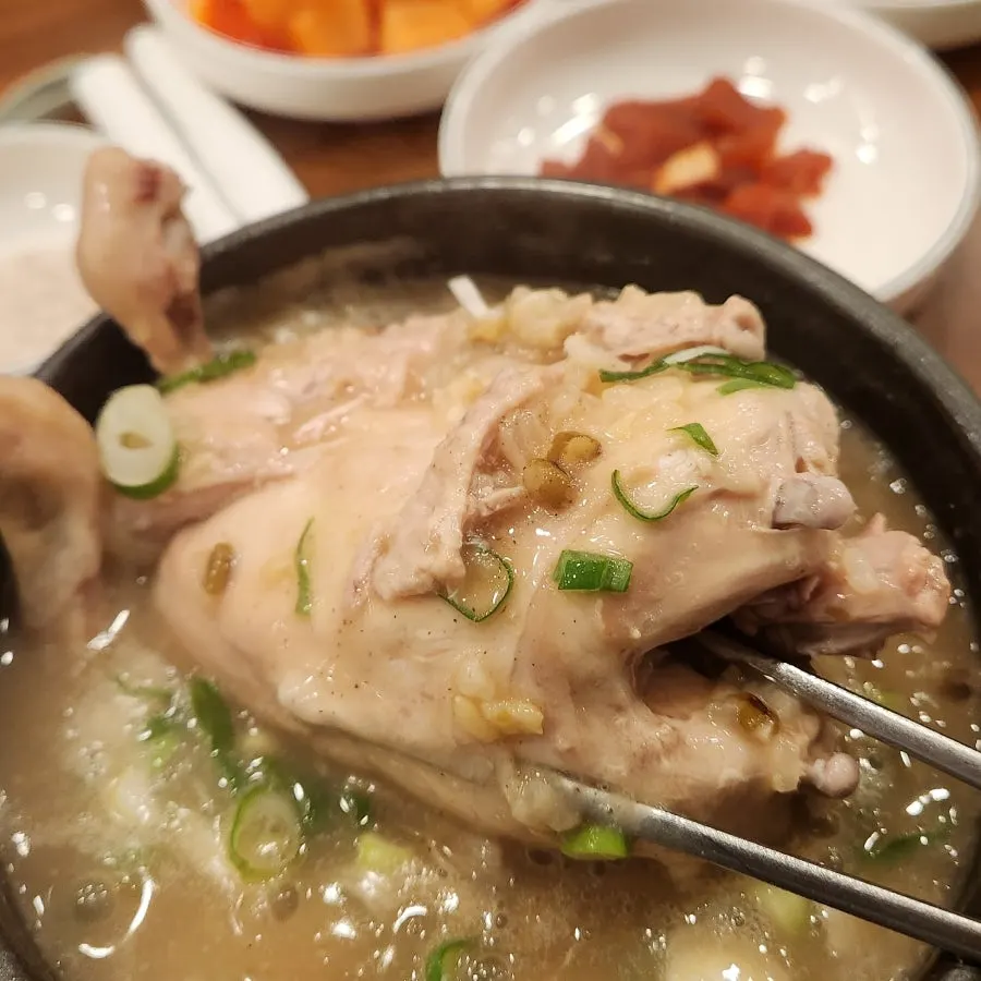 Close-up of the rich broth in the herbal mung bean samgyetang