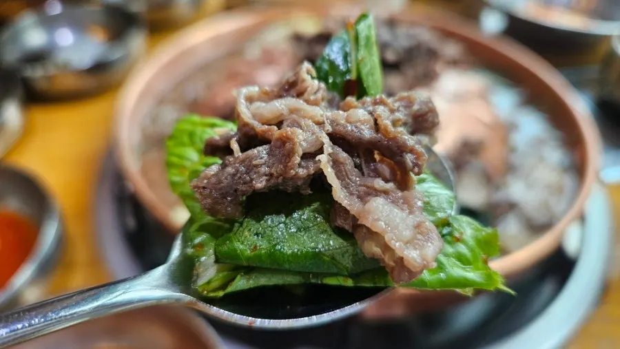Hanwoo bulgogi piled onto lettuce salad