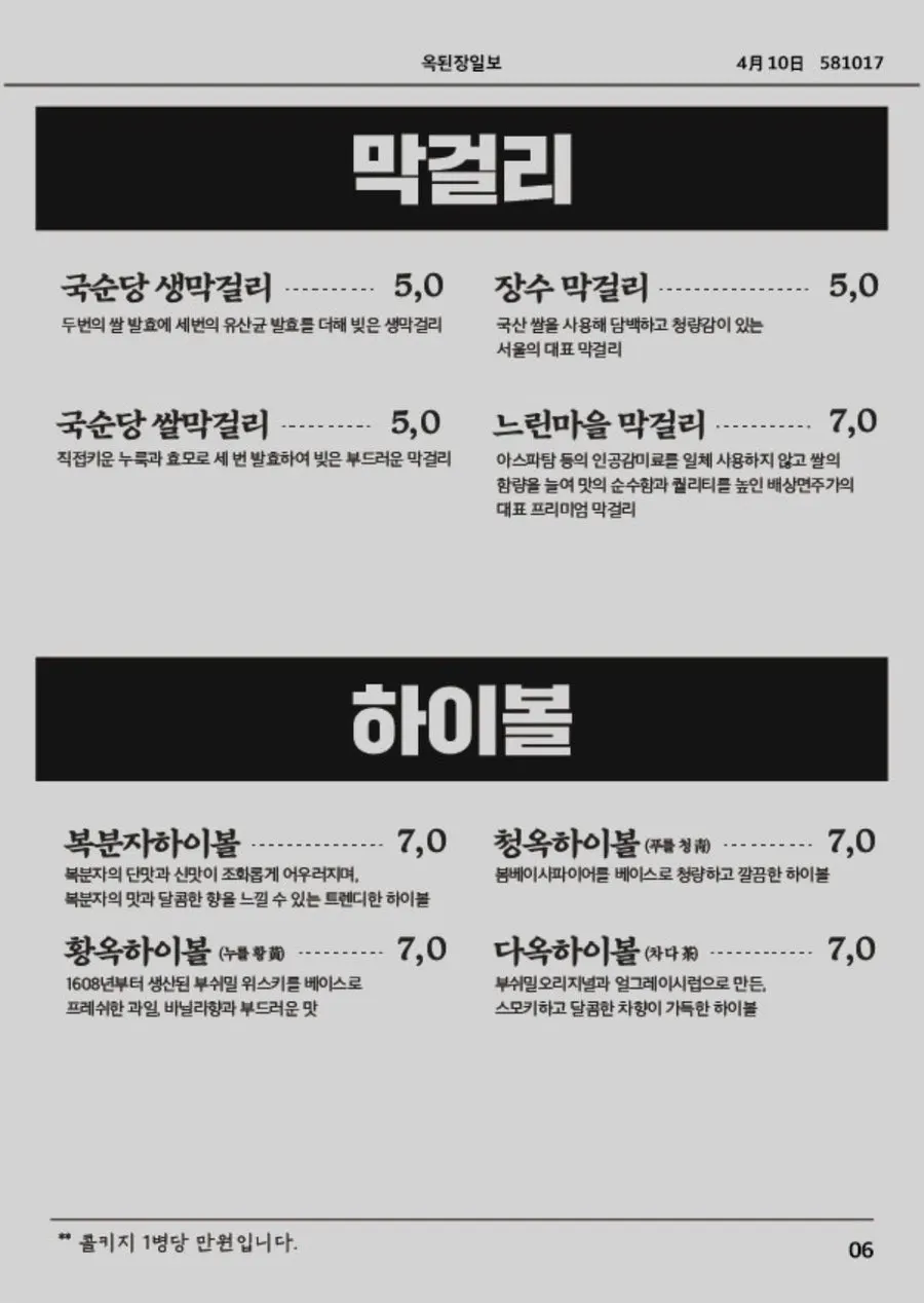 Drinks menu including highballs