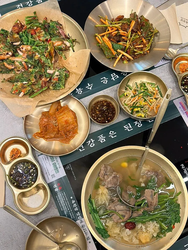 Full view of the generous feast set for two