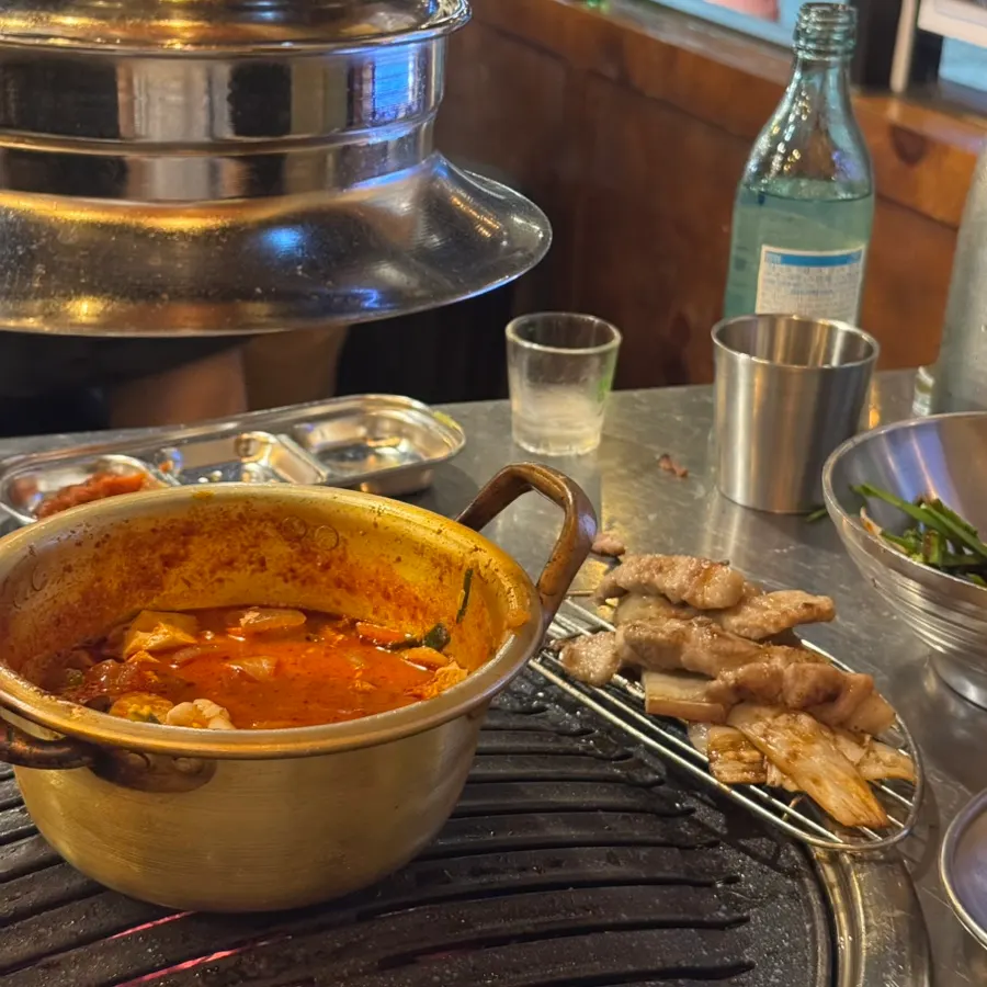 Grilled meat paired with reheated sundubu jjigae