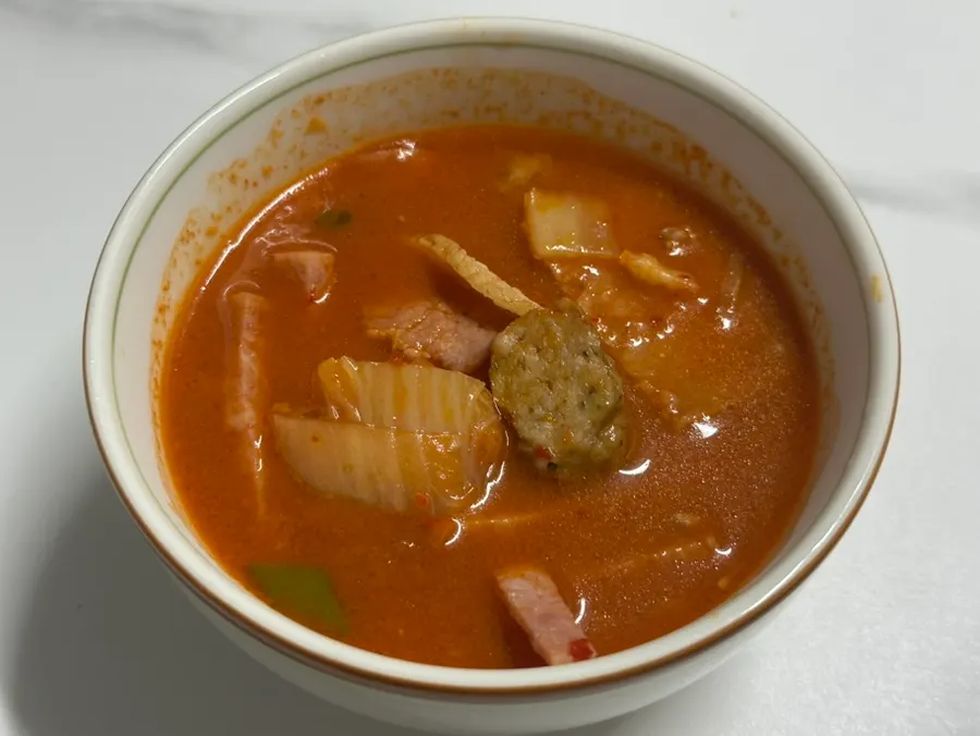 A hearty pot of cooked budae-jjigae