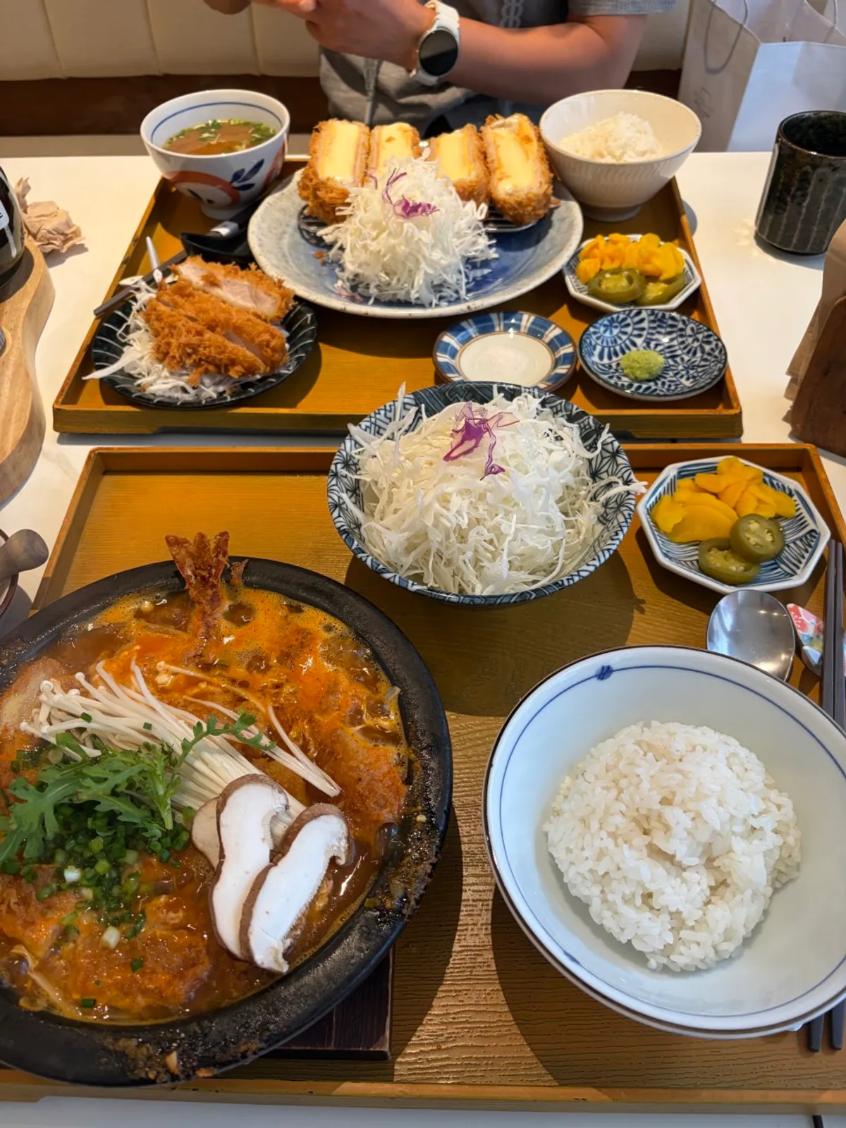 Sweet potato cheese katsu and kimchi nabe set spread
