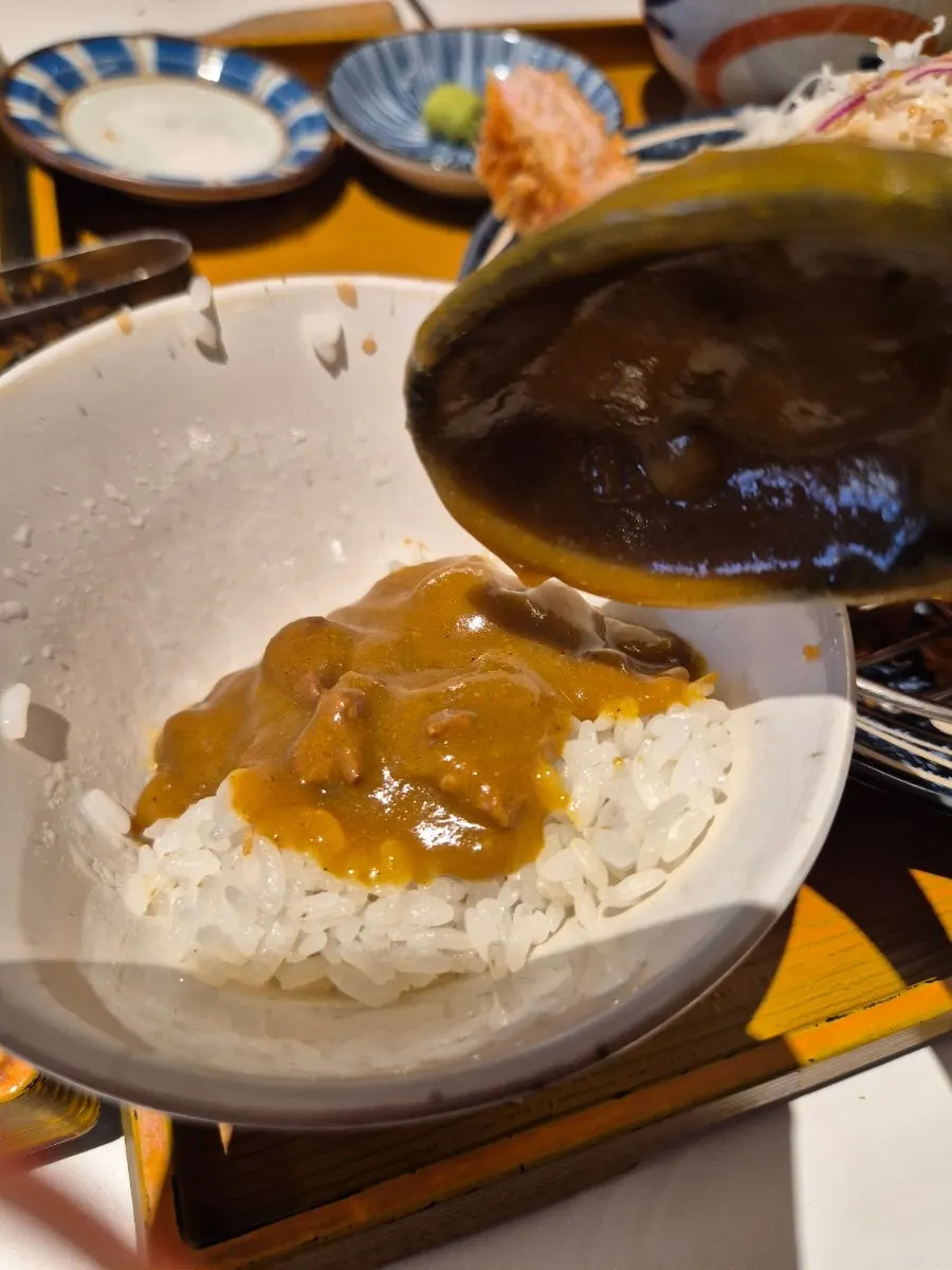 Bite-size curry served with tonkatsu