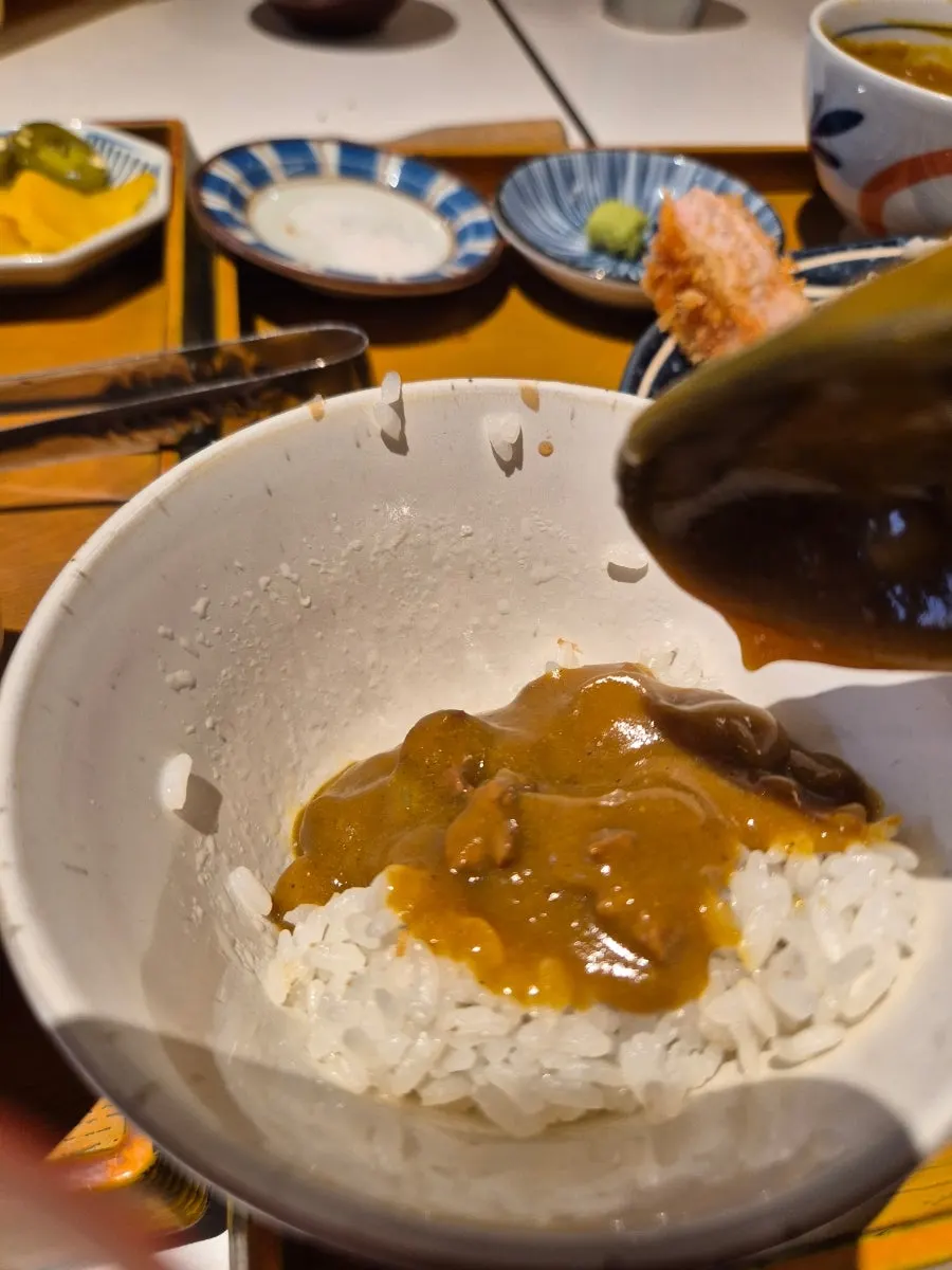 Bite-size curry served with rice