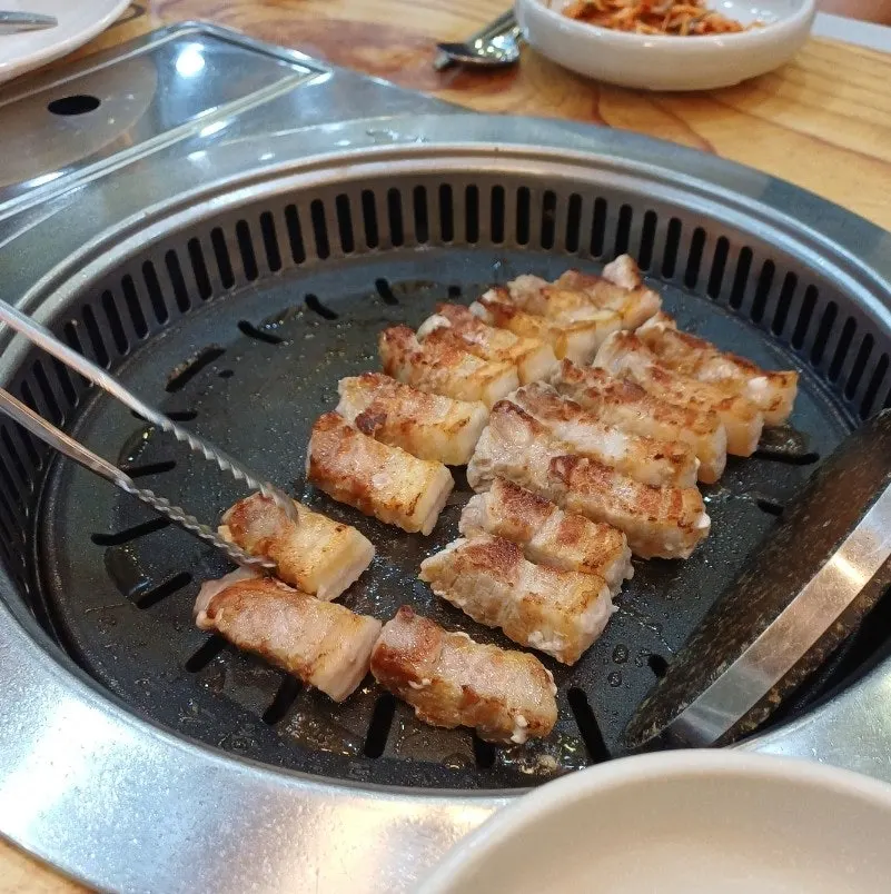 Close-up of golden, well-grilled pork belly