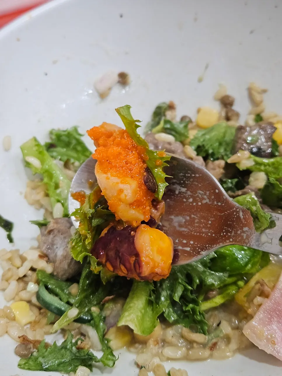 Skirt steak and fire chicken octopus salad placed together on the table