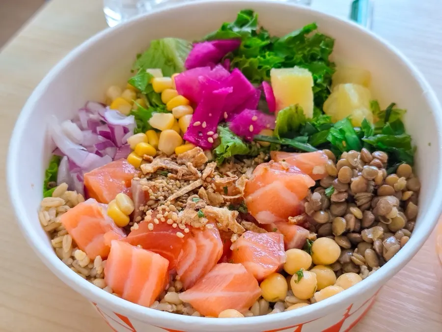 Salmon poke with extra rice from Ola Poke