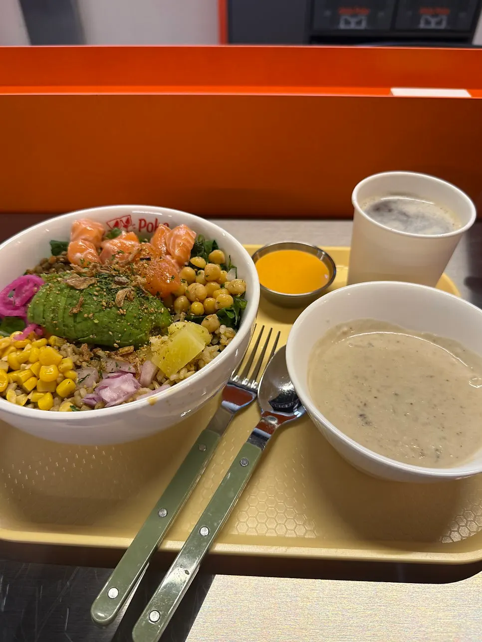 The poke and mushroom soup set laid out on the table