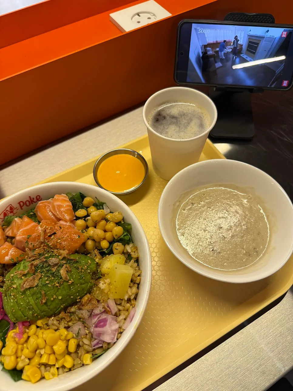 A bite of poke with vegetables and protein together