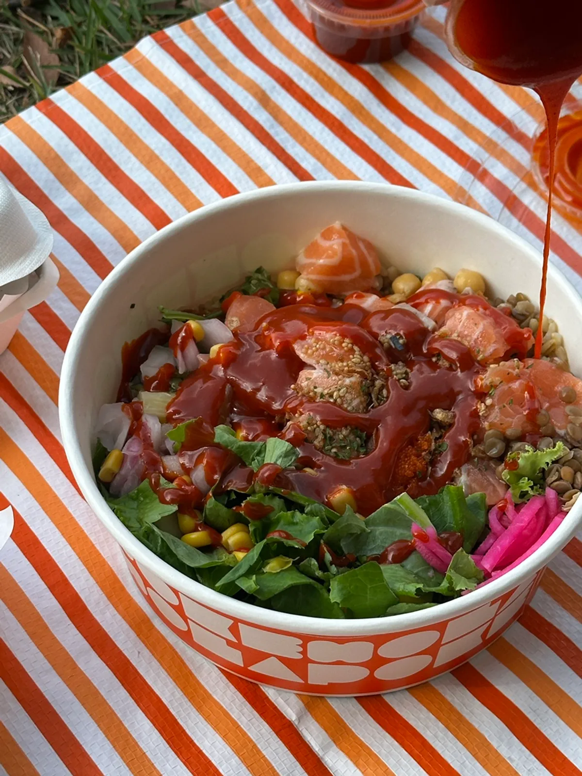 Fire chicken salmon poke with extra salmon spread out on a picnic mat