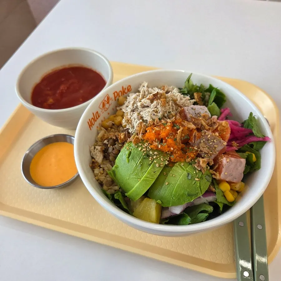 A generously portioned bowl of Super Protein poke