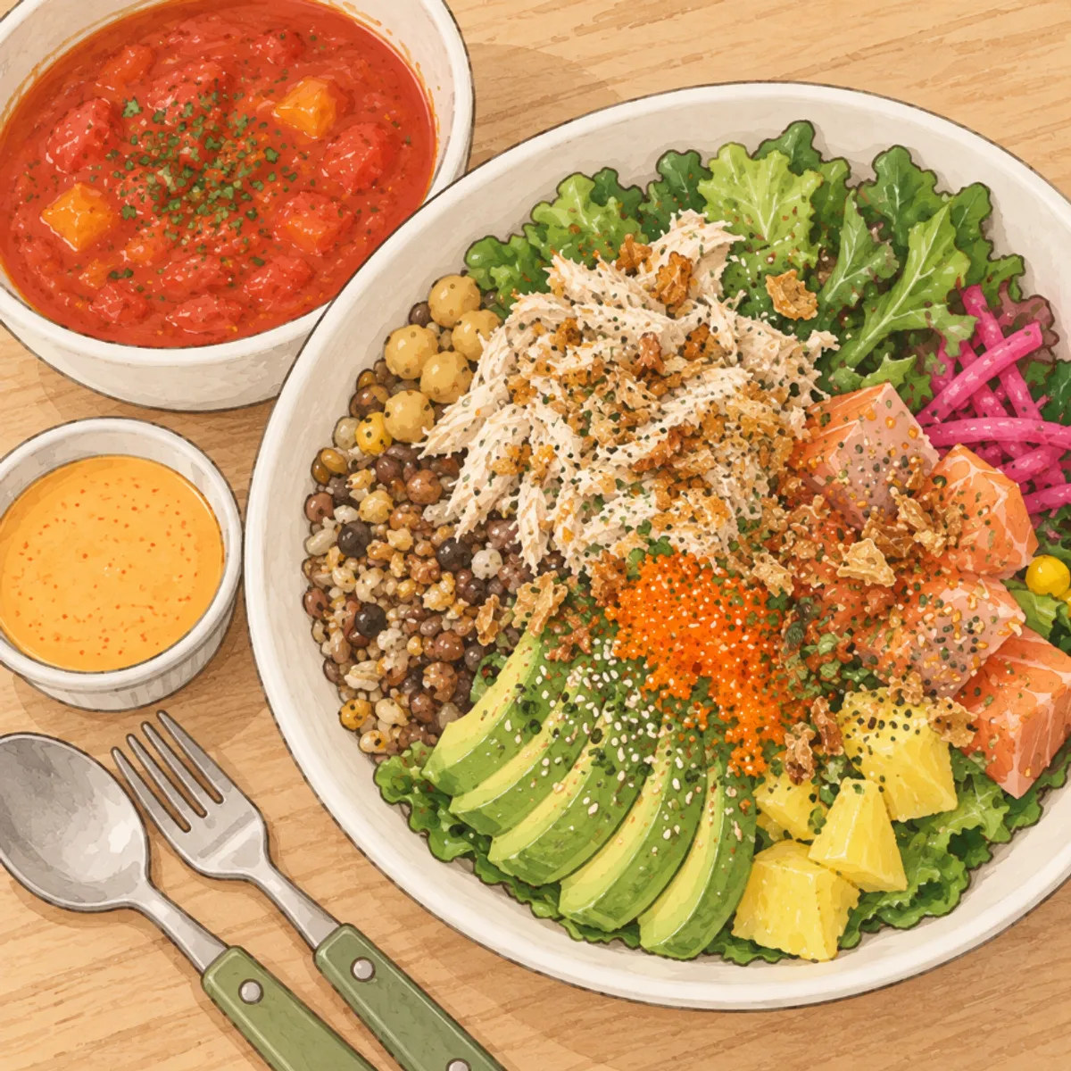 Full spread of the Super Protein poke and tomato soup set
