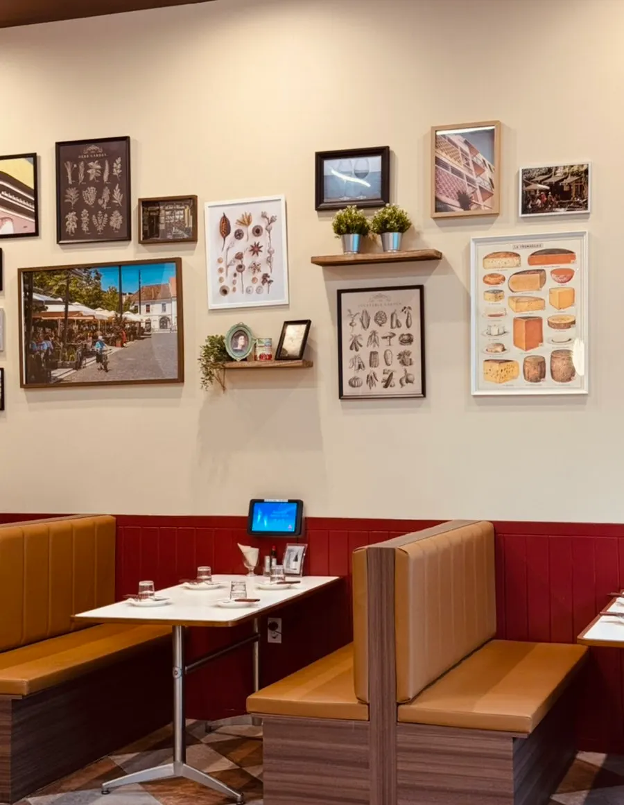 A corner of the restaurant lit with mood lighting