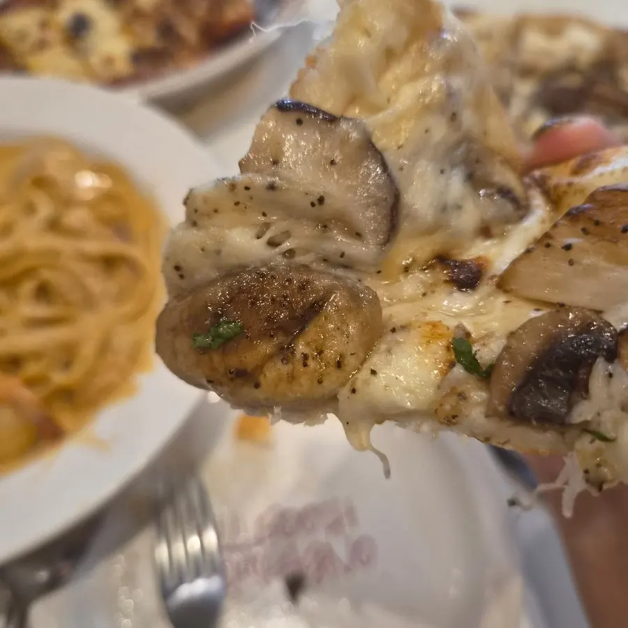 Truffle funghi pizza showing the mushroom toppings