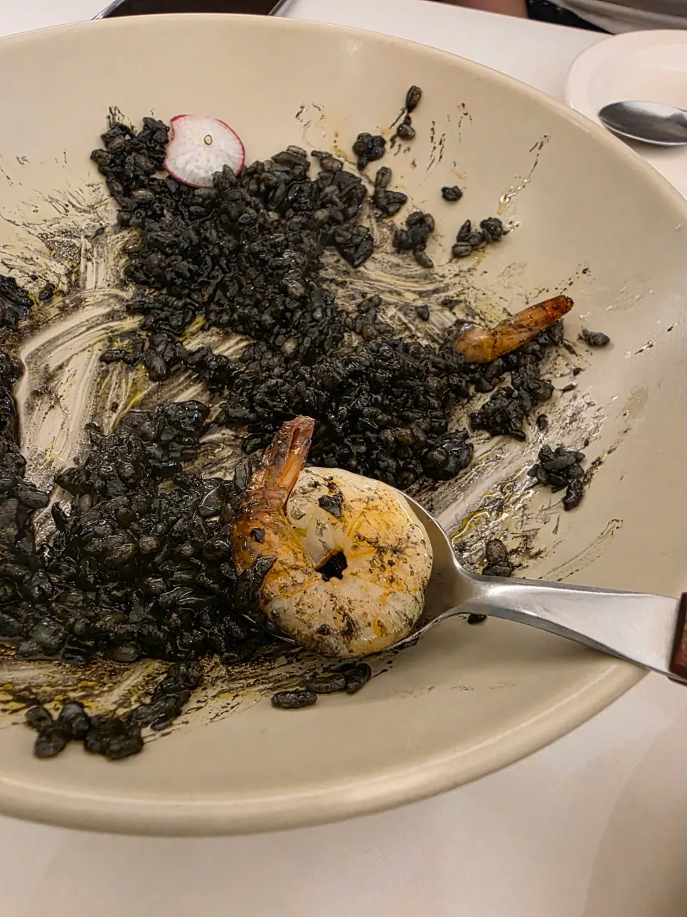 Close-up of the whole shrimp topping on the risotto