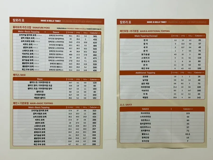 올라포케 메뉴별 칼로리 표