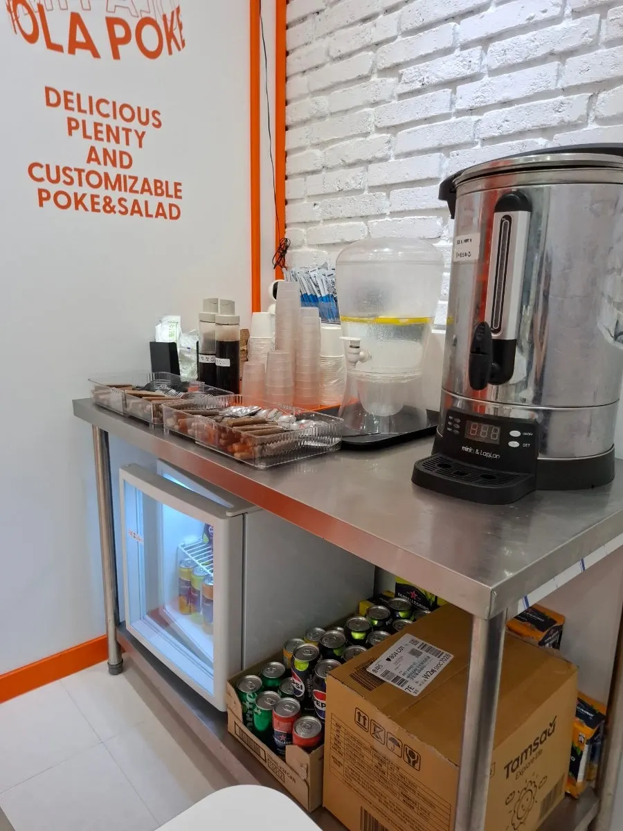 Poke ingredients arranged neatly inside the kitchen