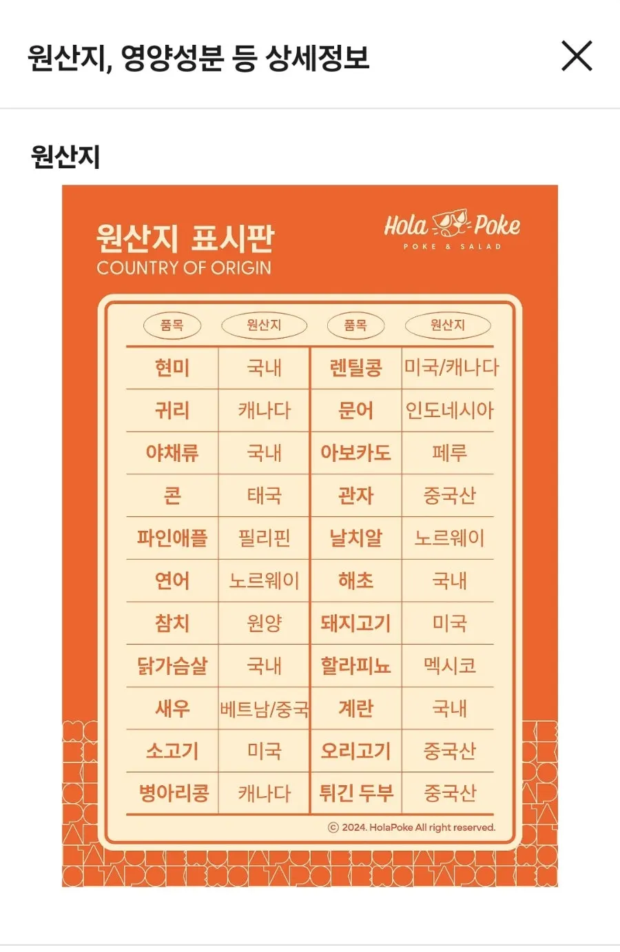 Papan menu Ola Poke Samseong Branch